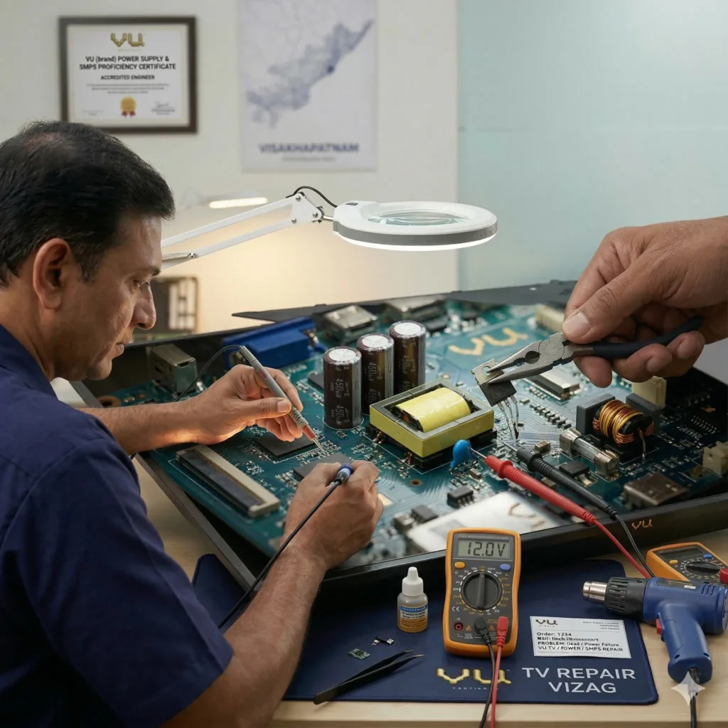 Tv technician Satisfied customer expressing happiness after successful TV repair service